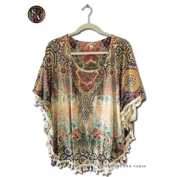 World Unity Tops - World Unity Boho Graphic  Live and Let Live Scoop Neck Printed Poncho Plus Size